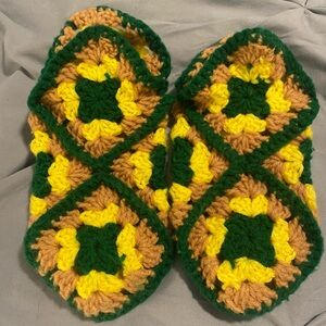 Handmade Vintage 70s Crocheted Granny Square Slippers Green Yellow Brown